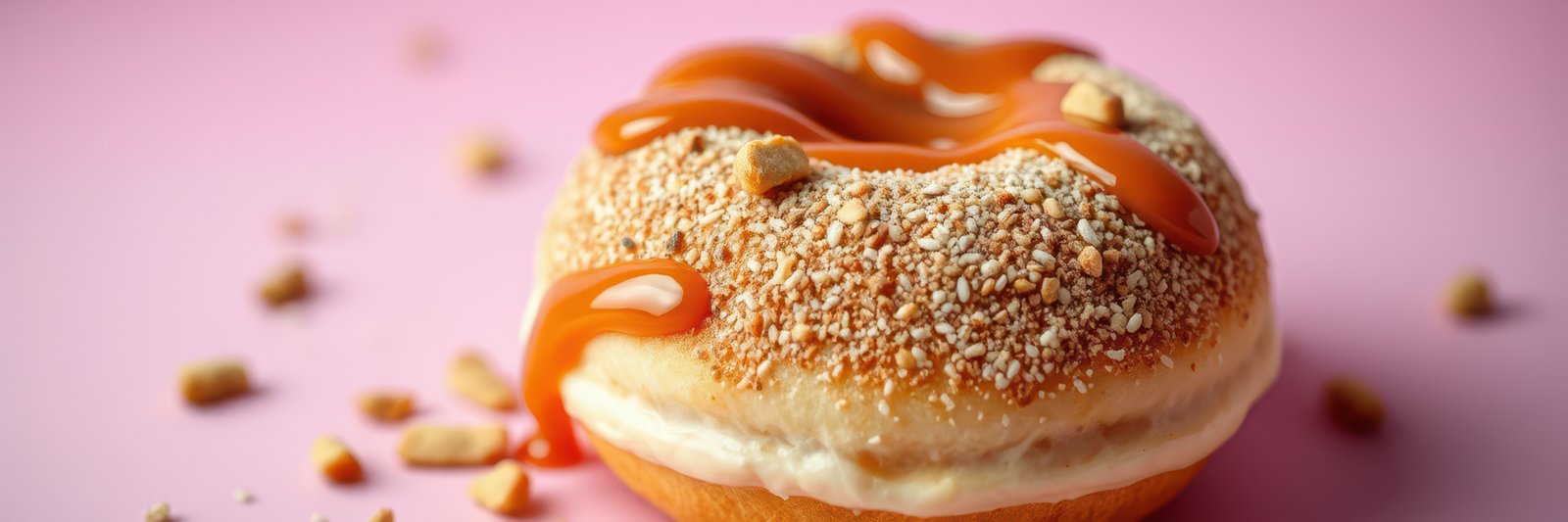 Delicious donut topped with caramel sauce and crushed nuts on a pink background